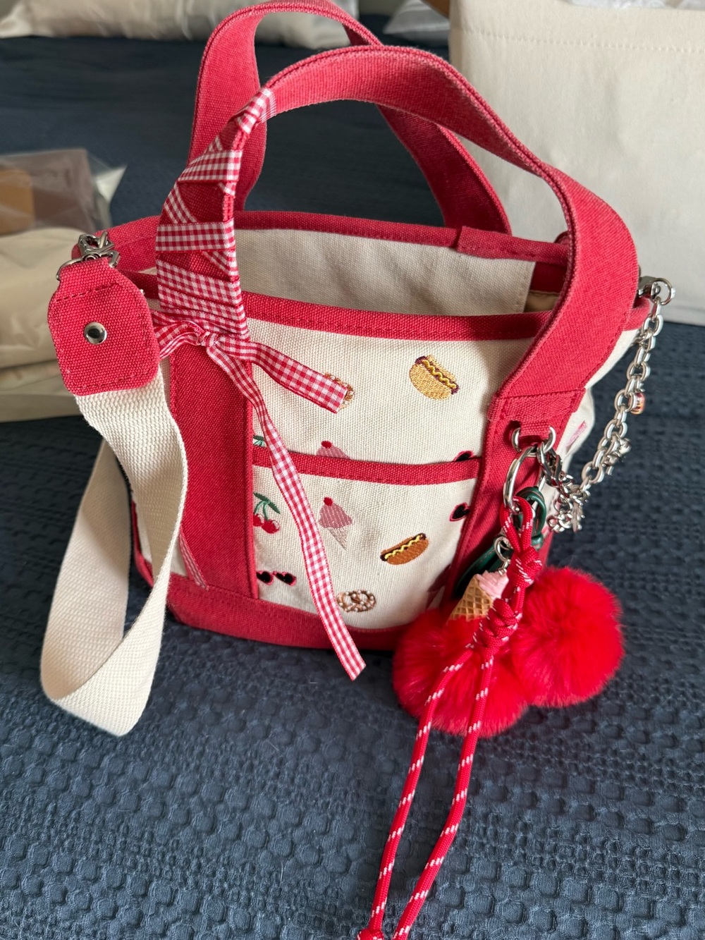 Madden Girl Red & Cream Canvas Kids Tote with Pom-Pom Charm